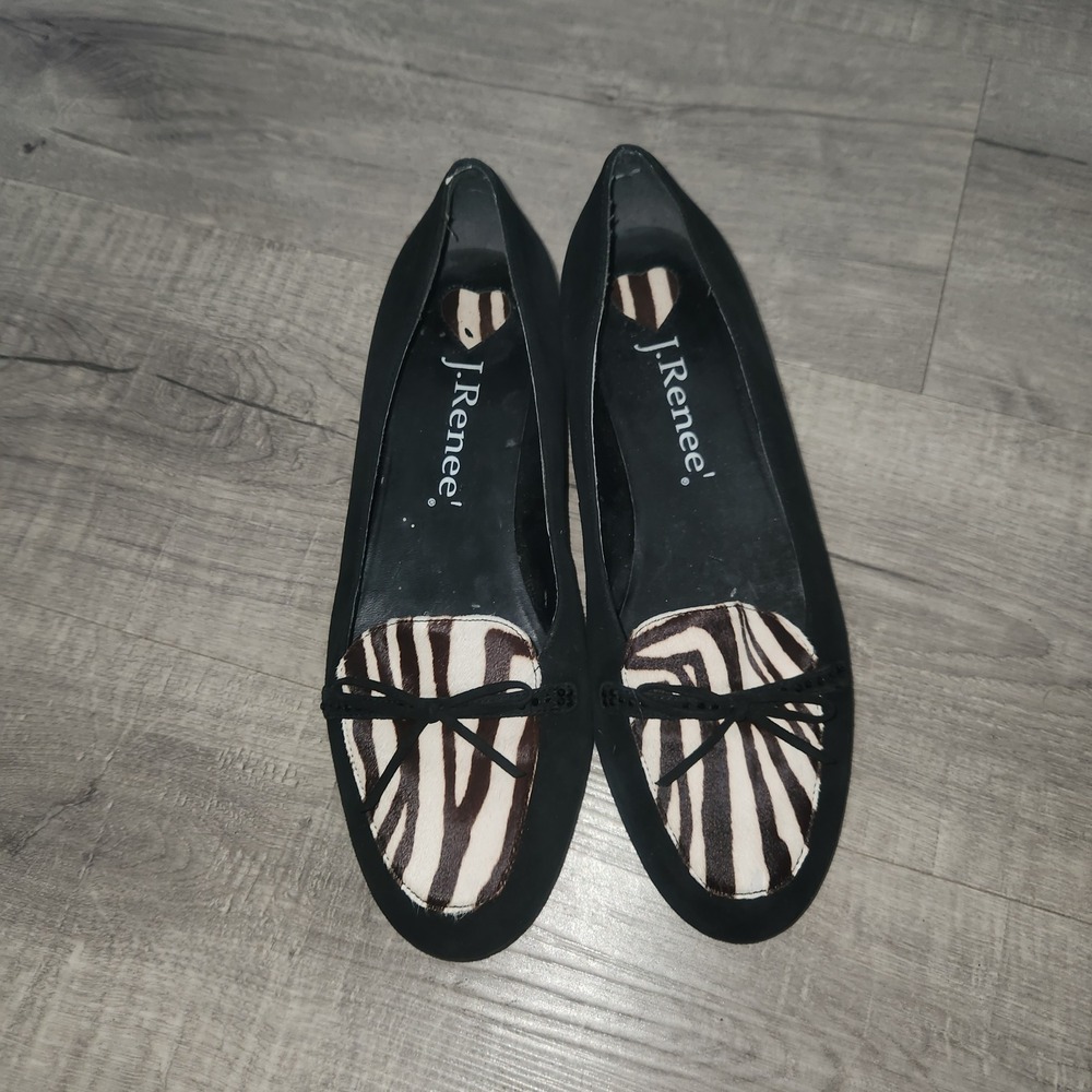 J. Renee Black Suede Zebra Calf Hair Bow Ballet Flats Low Block Heel Loafers